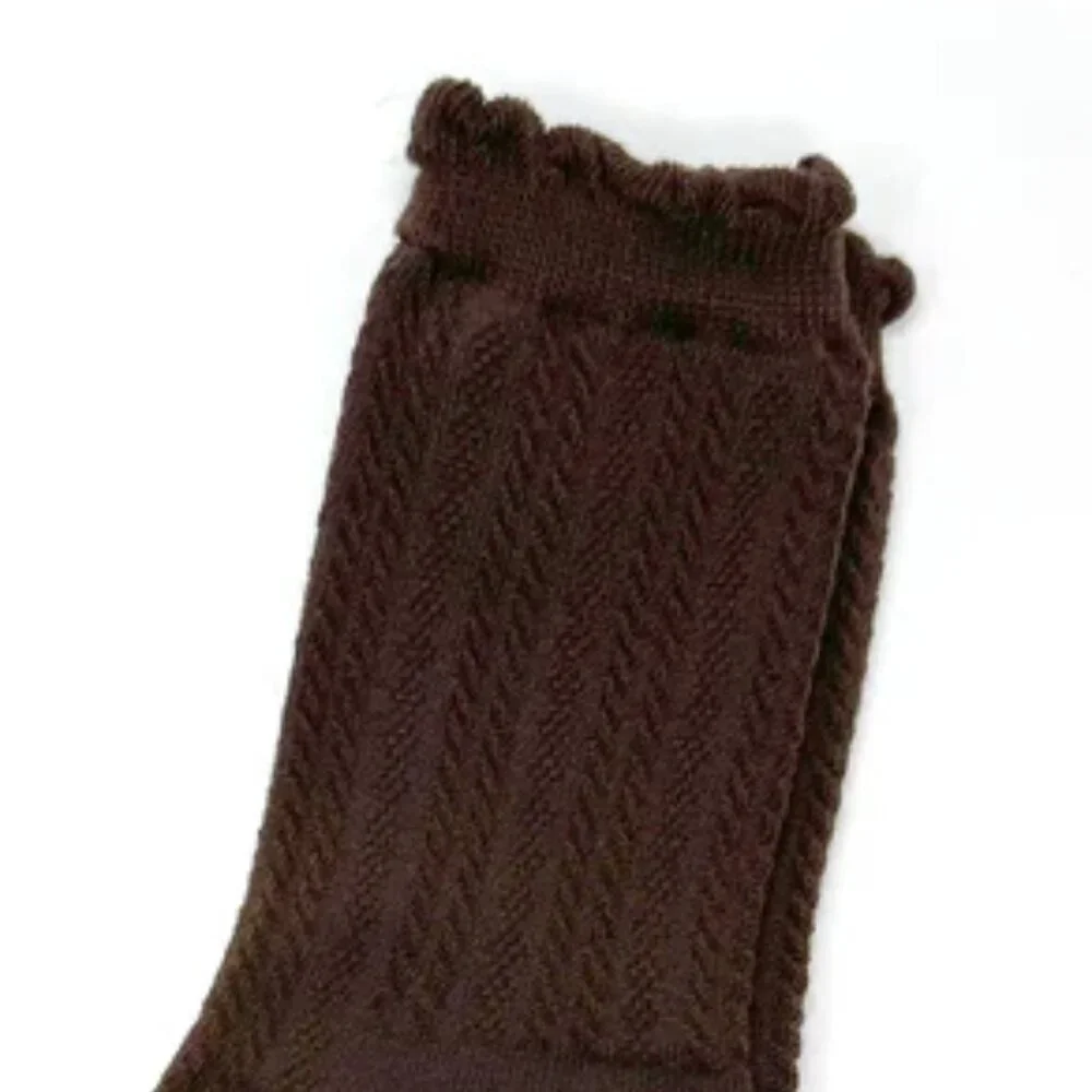 NWT Jane Ribbed Brown Ruffle Crew Socks